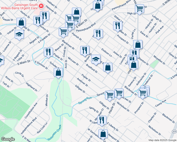map of restaurants, bars, coffee shops, grocery stores, and more near 184 McLean Street in Wilkes-Barre