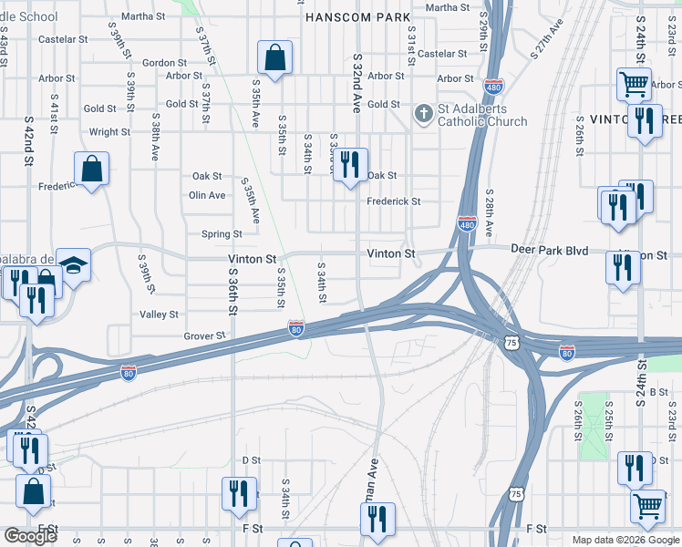 map of restaurants, bars, coffee shops, grocery stores, and more near 3264 Hascall Street in Omaha