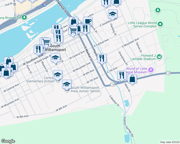 map of restaurants, bars, coffee shops, grocery stores, and more near 600 South Howard Street in South Williamsport