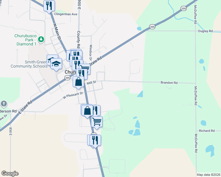 map of restaurants, bars, coffee shops, grocery stores, and more near 314 Mill Street in Churubusco