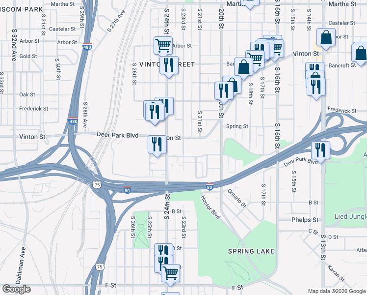 map of restaurants, bars, coffee shops, grocery stores, and more near 3206 South 23rd Street in Omaha