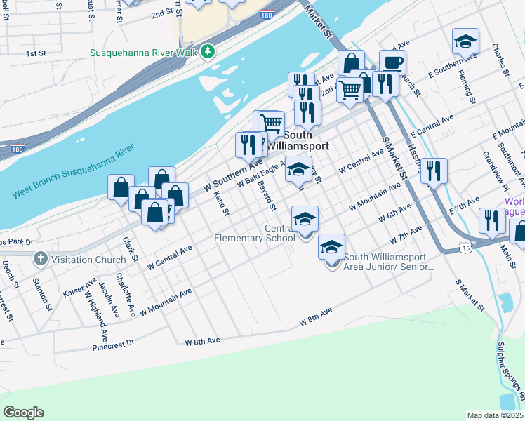 map of restaurants, bars, coffee shops, grocery stores, and more near 746 W Central Ave in South Williamsport