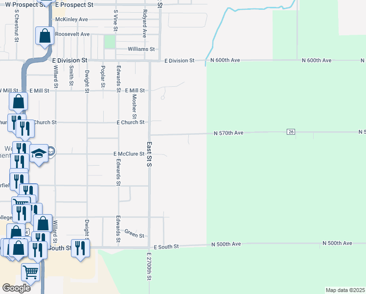 map of restaurants, bars, coffee shops, grocery stores, and more near 605 East Church Street in Kewanee