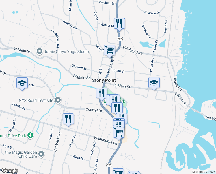 map of restaurants, bars, coffee shops, grocery stores, and more near 86 East Main Street in Stony Point