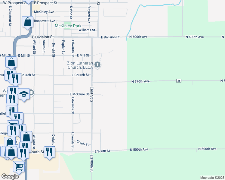 map of restaurants, bars, coffee shops, grocery stores, and more near 605 East Church Street in Kewanee