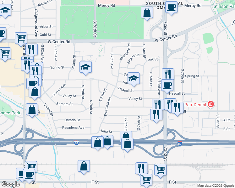 map of restaurants, bars, coffee shops, grocery stores, and more near 7533 Hascall Street in Omaha