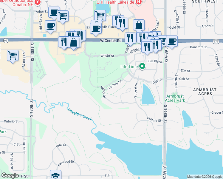 map of restaurants, bars, coffee shops, grocery stores, and more near 3217 South 173rd Street in Omaha