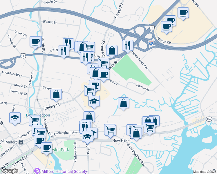map of restaurants, bars, coffee shops, grocery stores, and more near 30 Commerce Park in Milford