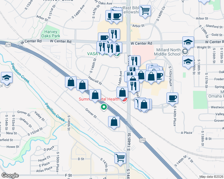map of restaurants, bars, coffee shops, grocery stores, and more near 14458 Hascall Street in Omaha