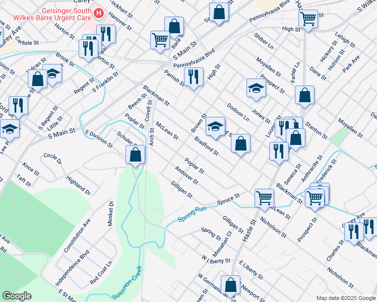 map of restaurants, bars, coffee shops, grocery stores, and more near 161 McLean Street in Wilkes-Barre