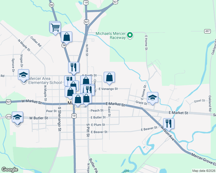 map of restaurants, bars, coffee shops, grocery stores, and more near 365 East Venango Street in Mercer
