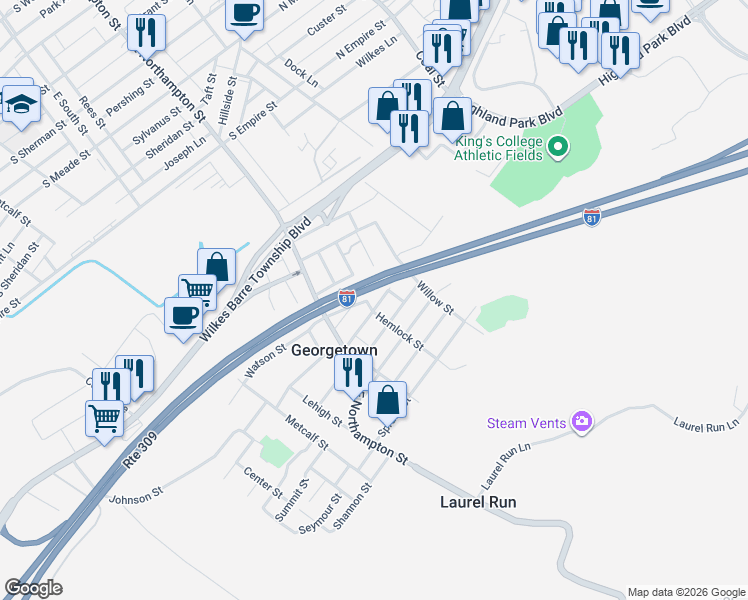 map of restaurants, bars, coffee shops, grocery stores, and more near 56-72 North Walnut Street in Wilkes-Barre Township
