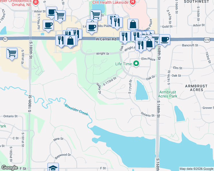 map of restaurants, bars, coffee shops, grocery stores, and more near 3217 South 173rd Street in Omaha