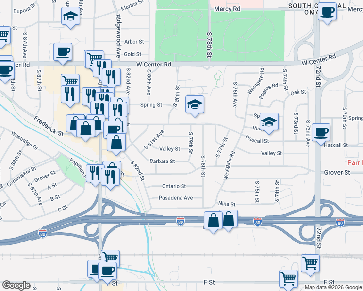 map of restaurants, bars, coffee shops, grocery stores, and more near 7918 Valley Street in Omaha