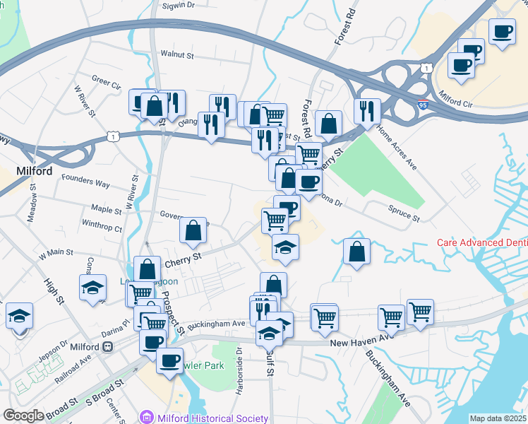 map of restaurants, bars, coffee shops, grocery stores, and more near 170 Cherry Street in Milford