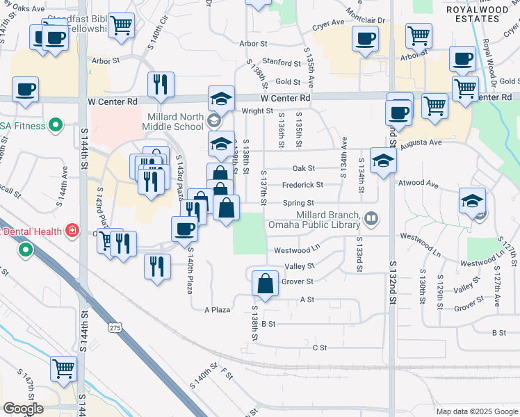 map of restaurants, bars, coffee shops, grocery stores, and more near 3330 South 137th Street in Omaha