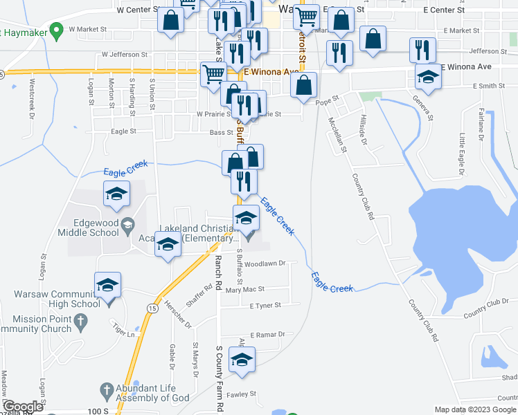 map of restaurants, bars, coffee shops, grocery stores, and more near 811 South Buffalo Street in Warsaw