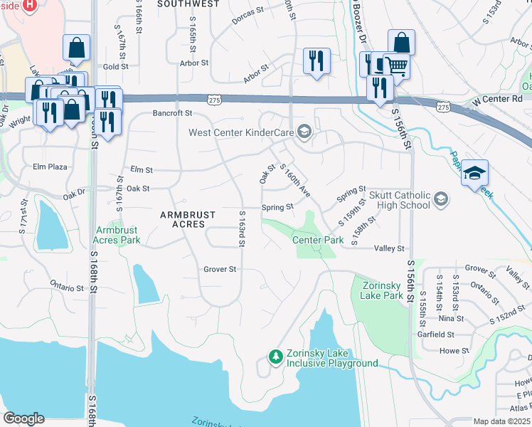 map of restaurants, bars, coffee shops, grocery stores, and more near 16135 Spring Street in Omaha