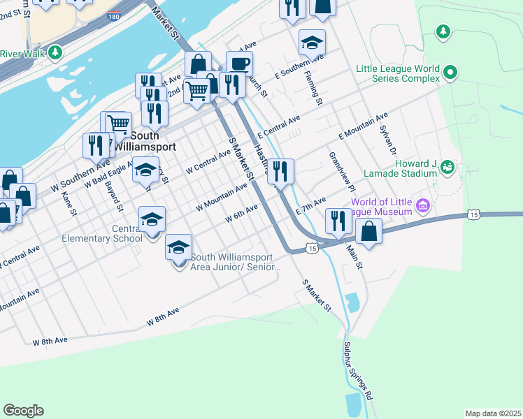 map of restaurants, bars, coffee shops, grocery stores, and more near 1-53 West 6th Avenue in South Williamsport