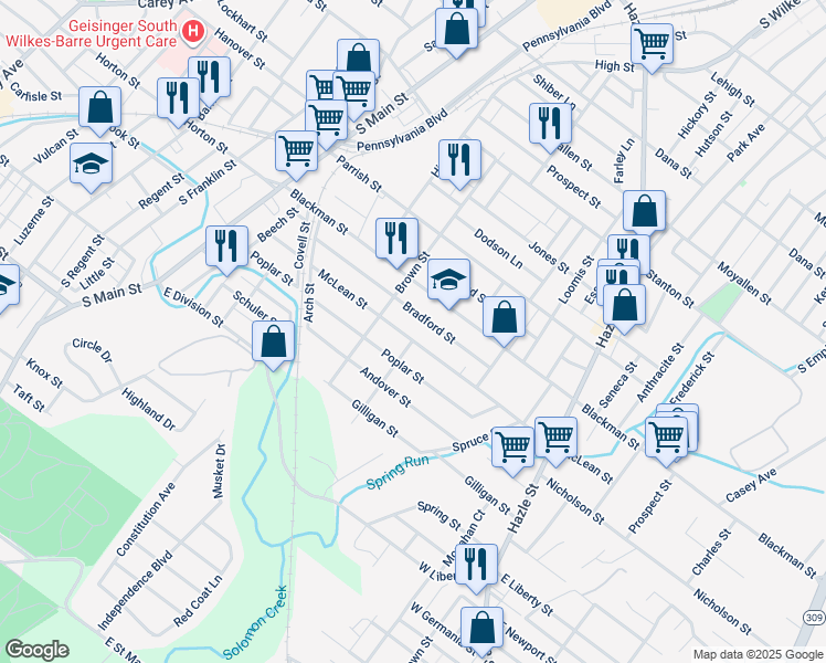 map of restaurants, bars, coffee shops, grocery stores, and more near 184 McLean Street in Wilkes-Barre