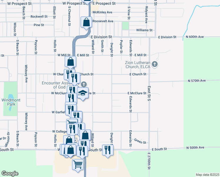 map of restaurants, bars, coffee shops, grocery stores, and more near 343 Dwight Street in Kewanee