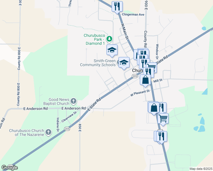 map of restaurants, bars, coffee shops, grocery stores, and more near 499 West Washington Street in Churubusco
