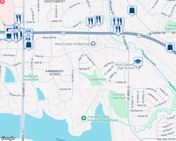 map of restaurants, bars, coffee shops, grocery stores, and more near 16105 Spring Street in Omaha