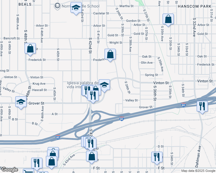 map of restaurants, bars, coffee shops, grocery stores, and more near 4031 Vinton Street in Omaha