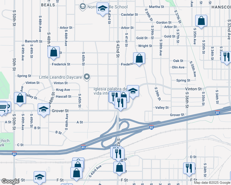 map of restaurants, bars, coffee shops, grocery stores, and more near 3214 South 42nd Street in Omaha