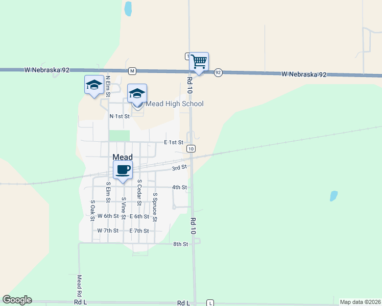 map of restaurants, bars, coffee shops, grocery stores, and more near 1567 County Road 10 in Mead