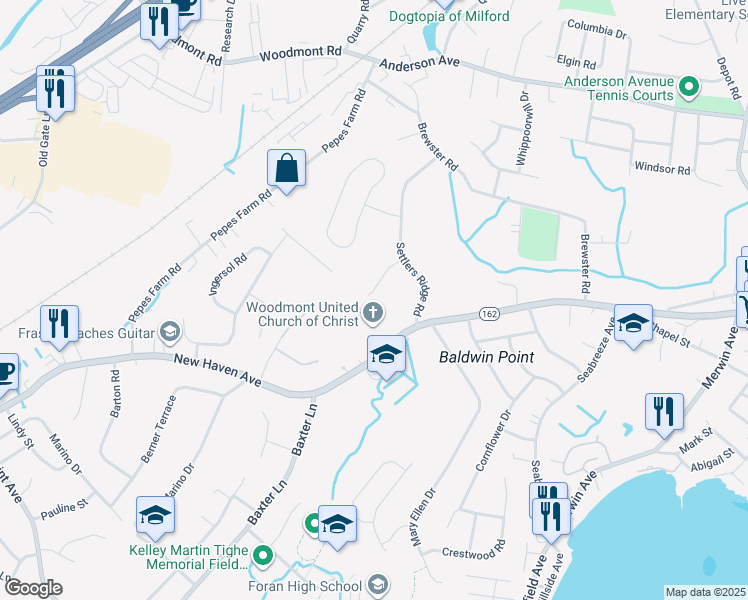 map of restaurants, bars, coffee shops, grocery stores, and more near 45 Shadows End Lane in Milford