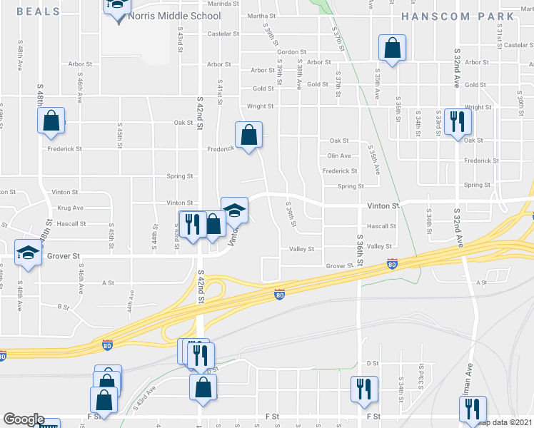map of restaurants, bars, coffee shops, grocery stores, and more near 3222 South 40th Street in Omaha