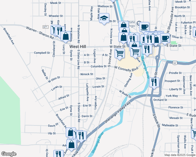 map of restaurants, bars, coffee shops, grocery stores, and more near 354 Ohio Street in Sharon