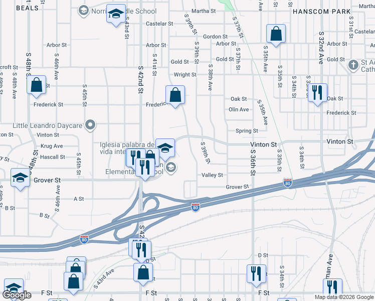 map of restaurants, bars, coffee shops, grocery stores, and more near 3219 South 40th Street in Omaha