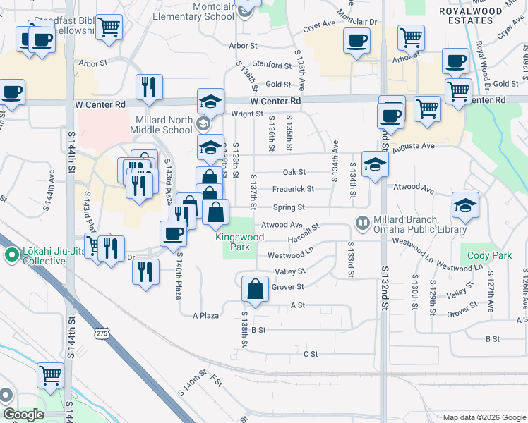map of restaurants, bars, coffee shops, grocery stores, and more near 3330 South 137th Street in Omaha