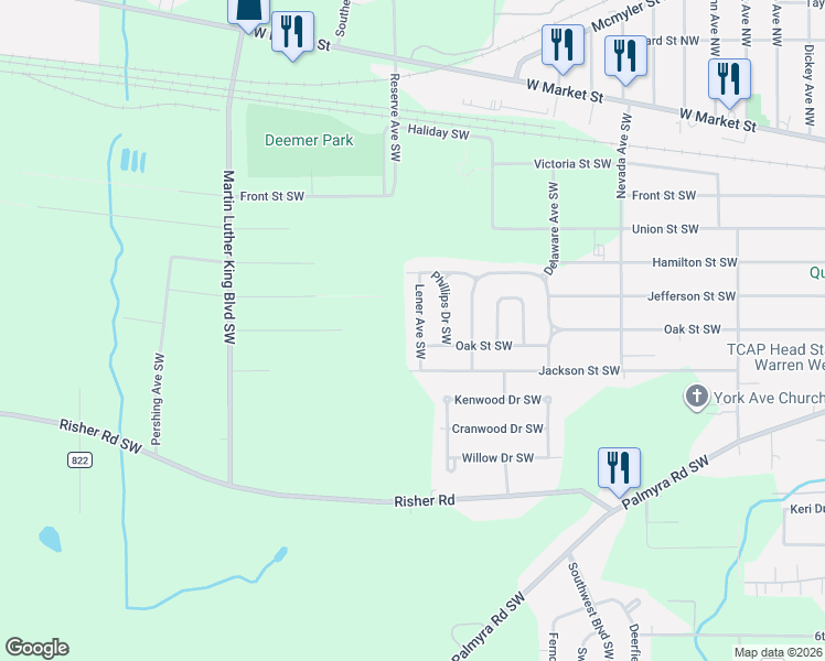 map of restaurants, bars, coffee shops, grocery stores, and more near 648 Lener Avenue Southwest in Warren