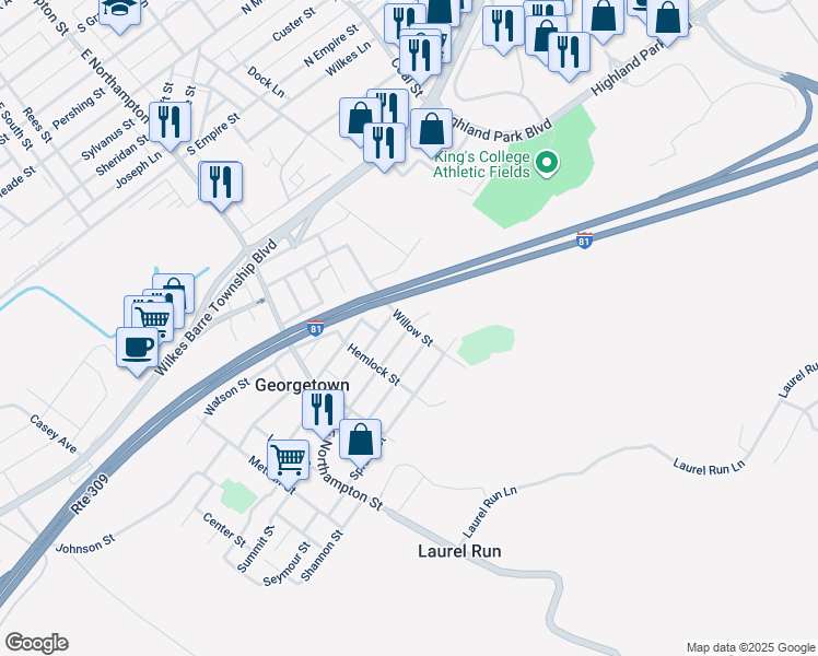 map of restaurants, bars, coffee shops, grocery stores, and more near Chestnut Street in Wilkes-Barre Township