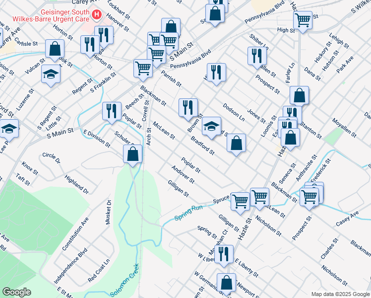 map of restaurants, bars, coffee shops, grocery stores, and more near 161 McLean Street in Wilkes-Barre