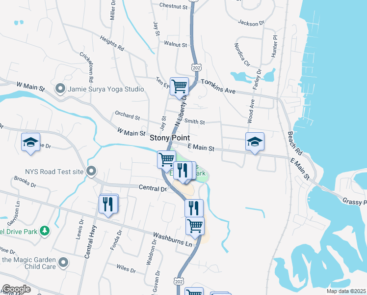 map of restaurants, bars, coffee shops, grocery stores, and more near 86 East Main Street in Stony Point