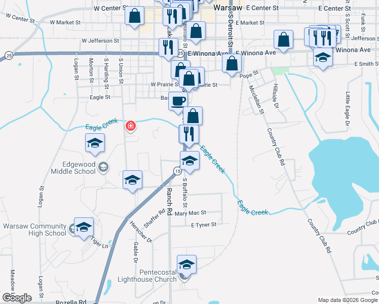 map of restaurants, bars, coffee shops, grocery stores, and more near 806 S Buffalo St in Warsaw