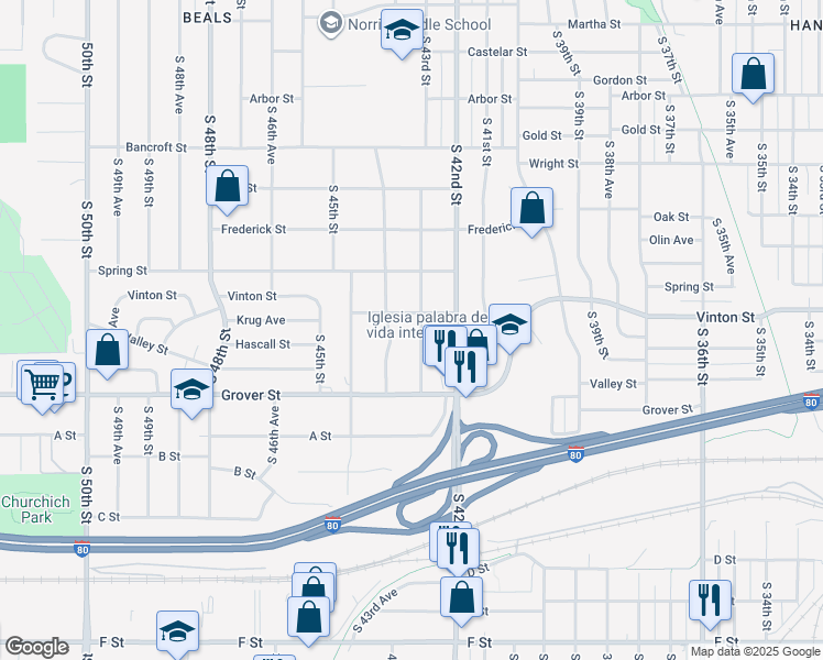 map of restaurants, bars, coffee shops, grocery stores, and more near 3206 South 43rd Street in Omaha