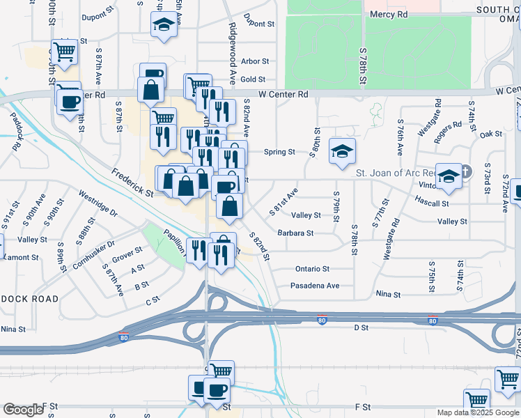 map of restaurants, bars, coffee shops, grocery stores, and more near 3450 South 82nd Street in Omaha