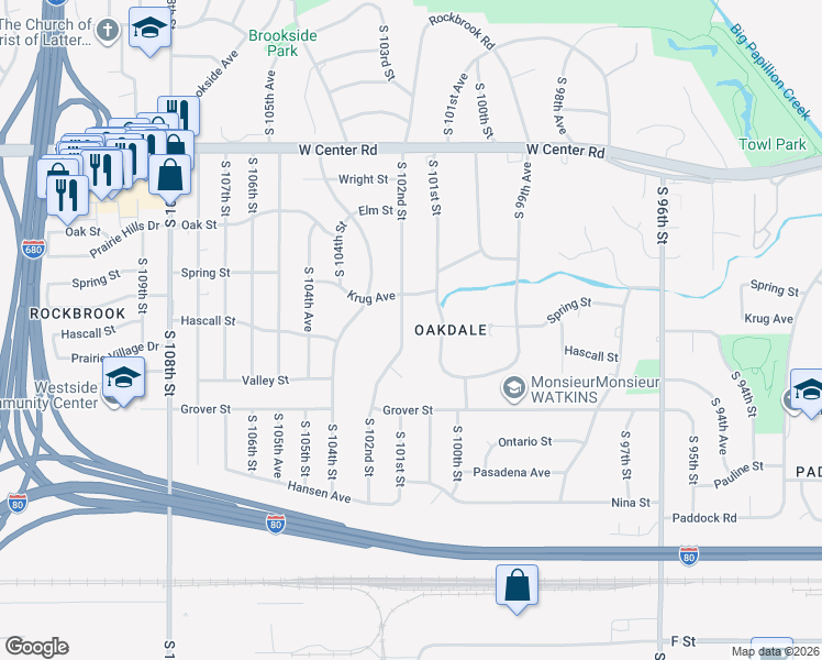 map of restaurants, bars, coffee shops, grocery stores, and more near 3409 South 102nd Street in Omaha
