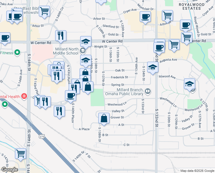 map of restaurants, bars, coffee shops, grocery stores, and more near 3330 South 137th Street in Omaha