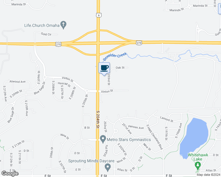 map of restaurants, bars, coffee shops, grocery stores, and more near 3205 South 204th Street in Douglas County