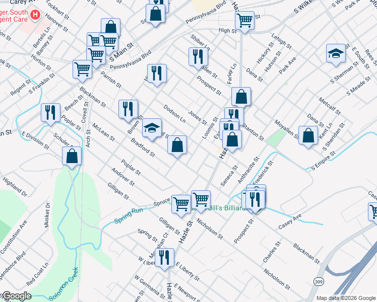 map of restaurants, bars, coffee shops, grocery stores, and more near 165-171 Holland Street in Wilkes-Barre