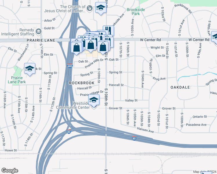 map of restaurants, bars, coffee shops, grocery stores, and more near 3305 South 108th Street in Omaha