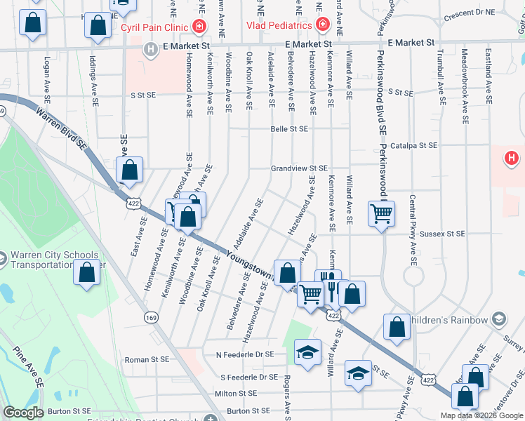map of restaurants, bars, coffee shops, grocery stores, and more near 976 Adelaide Avenue Southeast in Warren