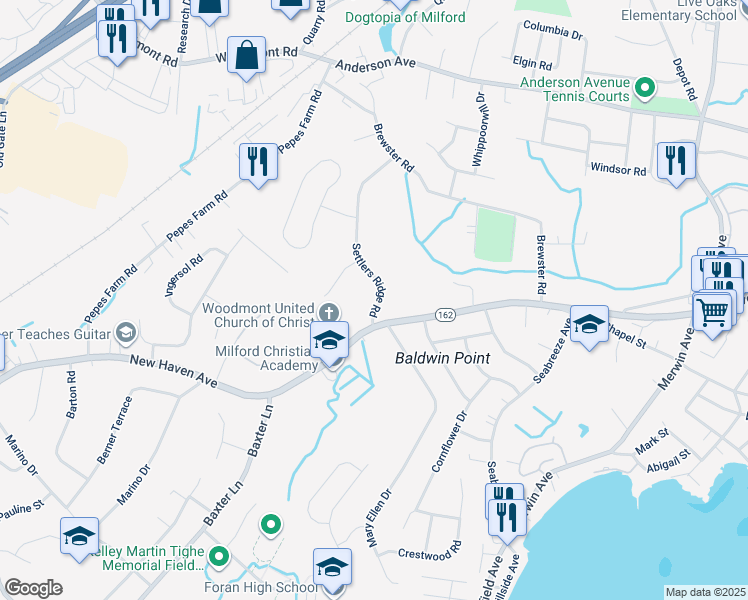 map of restaurants, bars, coffee shops, grocery stores, and more near 17 Settlers Ridge Road in Milford