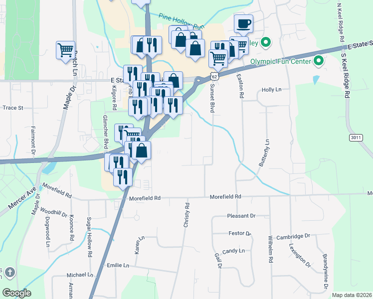 map of restaurants, bars, coffee shops, grocery stores, and more near 326 Donald Road in Hermitage